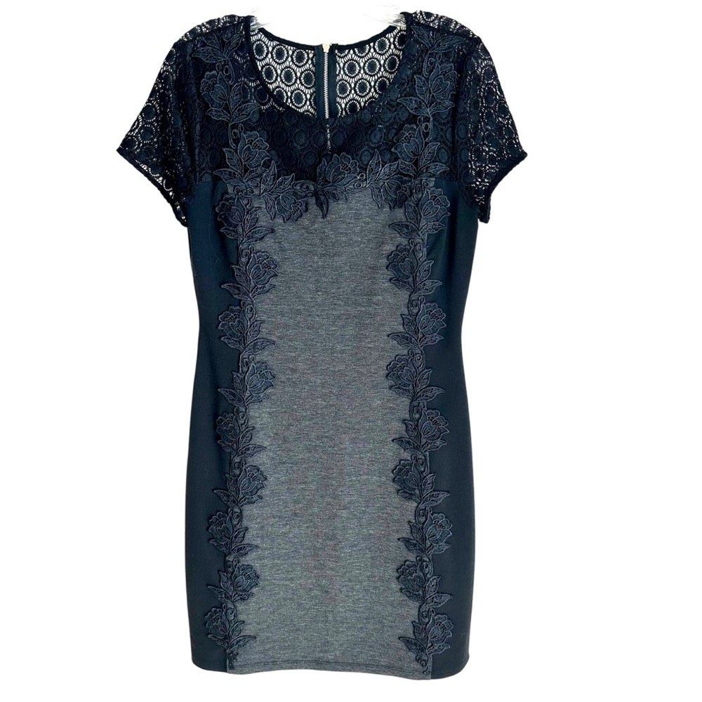 41 Hawthorne Becka Black and Gray Cap Sleeve Lace Applique Dress Size Medium